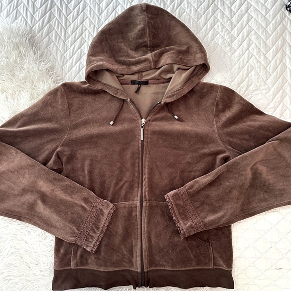 Retro Y2K Daisy Fuentes Brown Velour Zip Hoodie Lace Trim Size M - Picture 2 of 14